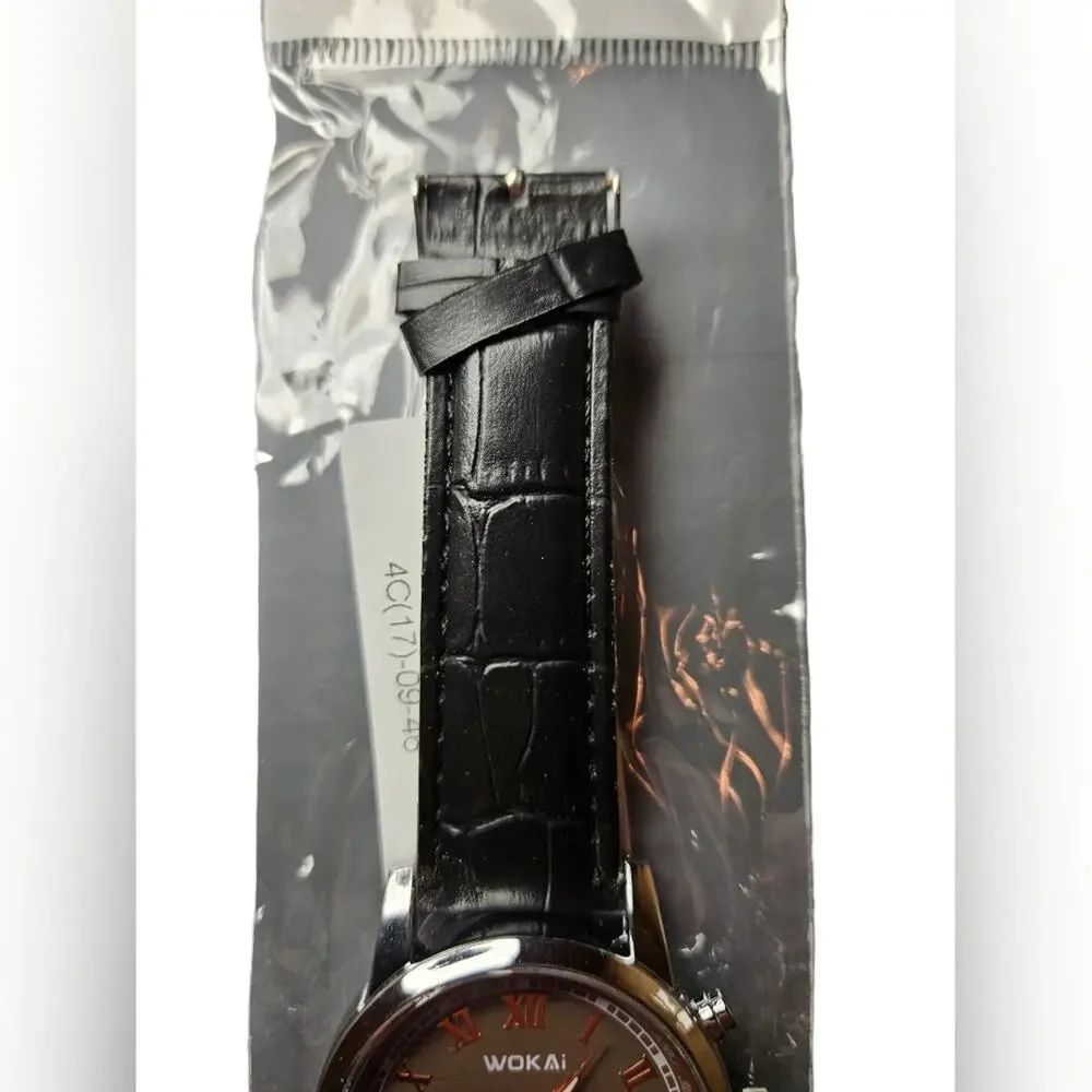 NWOT Wokai Black and Brown Watch, Stainless Steel With Leather Band